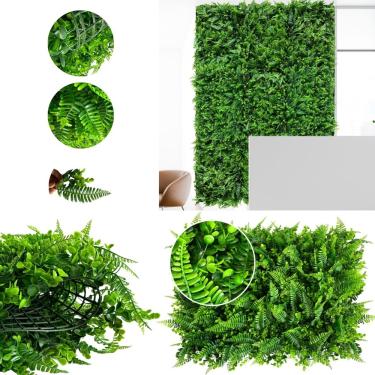 Imagem de Kit Painéis de grama artificiais 4 unidades com plantas artificiais volumosas para decoração de jardins verticais e muro inglês placas que medem 60x40cm