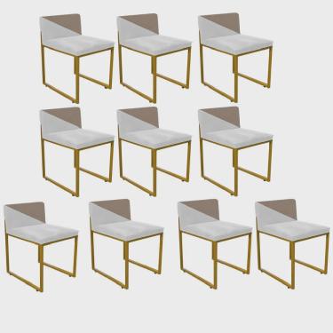 Imagem de Kit 10 Cadeira Office Lee Duo Sala de Jantar Industrial Ferro Dourado Sintético Branco e Bege - Ahazzo Móveis