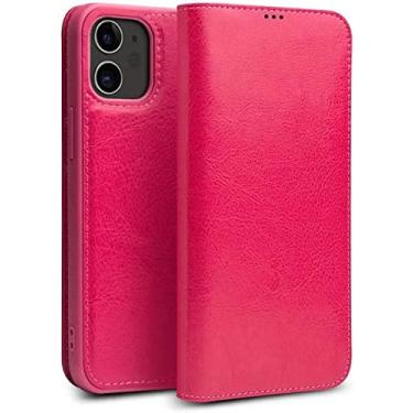 Imagem de IOTUP Capa carteira para iPhone 12, capa flip de couro genuíno para Apple iPhone 12 (2020) 6,1 polegadas, com 3 compartimentos para cartão e slot para dinheiro (cor: vermelho rosa)