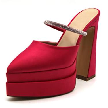 Imagem de Sandálias femininas de salto grosso plataforma bico fino salto bloco salto slip on mules para mulheres, vermelho, 35 EU/4US