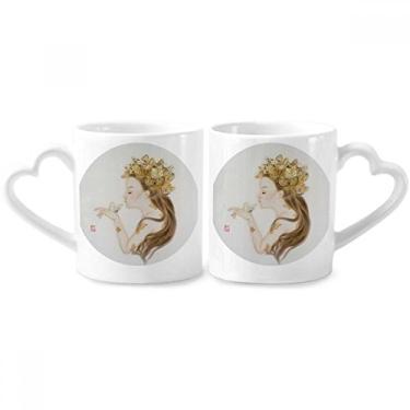 Imagem de Pretty Girl Borboleta Pintura chinesa Conjunto de canecas de porcelana para casal Caneca de amante de cerâmica alça de coração