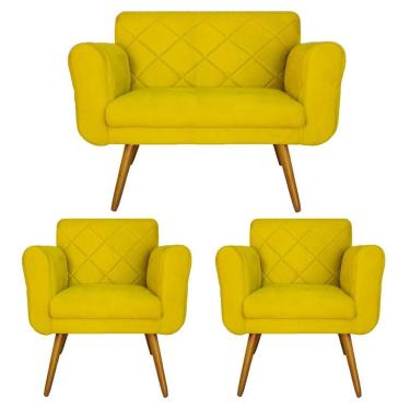 Imagem de Jogo Namoradeira e 2 Poltrona Decorativa Para Recepção Isabella Corano Amarelo - LM DECOR