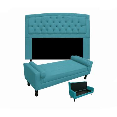 Imagem de Jogo Cabeceira Geovana + Calçadeira Fênix Solteiro 90cm Suede Azul Turquesa - LM DECOR