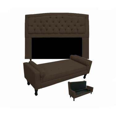 Imagem de Jogo Cabeceira Geovana + Calçadeira Fênix King 195cm Suede Marrom - LM DECOR