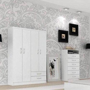 Imagem de Quarto Solteiro com Guarda Roupa 4 Portas e Cômoda 6 Gavetas Evidência Móveis Branco