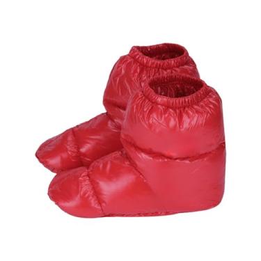 Imagem de Almencla 1 par de inverno para baixo chinelos calçados bootie sapatos macios à prova de vento tornozelo botas de neve pés capa meias para acampamento indoor ao, Vermelho