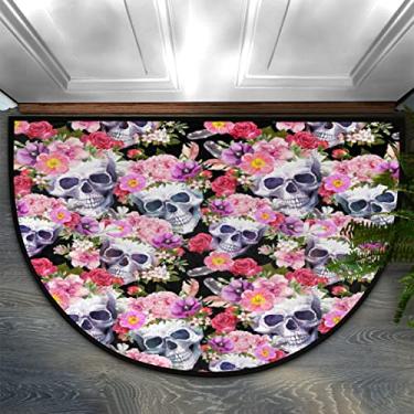 Imagem de Dinarno Tapete de porta semi-redondo de caveira rosa flora durável antiderrapante tapete de área de meio círculo lavável meia lua tapetes de lareira resistentes à decoração tapetes semicírculo para interior quarto sala de estar cozinha