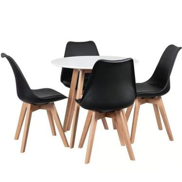Imagem de Kit - Mesa De Jantar Redonda 90 Cm Branco + 4 Cadeiras Estofadas Leda Preto