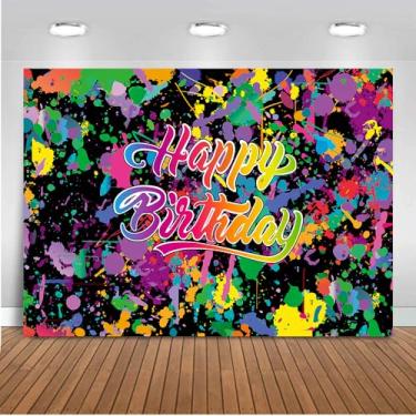 Imagem de ANSHUHAI Neno Pano de fundo para fotografia de festa de aniversário que brilha no escuro fundo colorido com tinta de respingos, feliz aniversário, luz negra, festa do pijama, faixa (2,1 x 1,5 m)