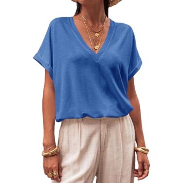 Imagem de Tankaneo Camisetas femininas extragrandes gola V manga curta enrolada casual solta verão camisetas tops tops, Azul, GG
