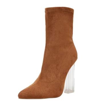 Imagem de getmorebeauty Botas femininas de cano curto de malha de salto alto transparente bico fino sem cadarço para outono inverno, 519 - marrom, 9