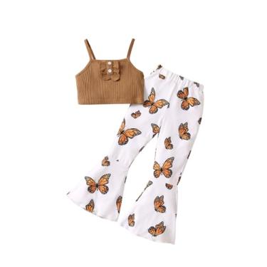 Imagem de RoseSeek Conjunto de 2 peças para meninas, sem mangas, com nervuras, blusa cropped e calça flare de borboleta, Marrom e branco, 5Y