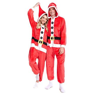 Imagem de HSCTEK Pijama de Papai Noel adulto, pijama de natal feminino masculino, fantasia de Papai Noel para a família adolescente médio