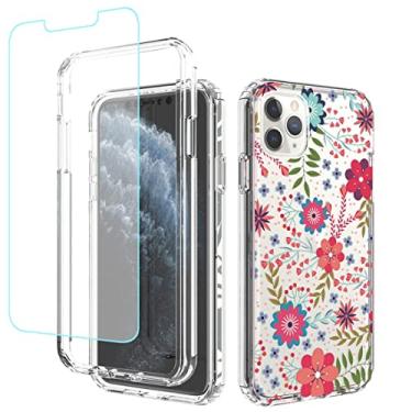 Imagem de sidande Capa para iPhone 11 Pro Max com protetor de tela de vidro temperado, capa protetora fina de TPU floral transparente para Apple iPhone 11 Pro Max de 6,5 polegadas (estampas florais)
