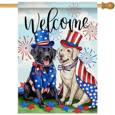 Imagem de Covido Welcome 4th of July Dog Patriotic Decorative House Flag, Black Labrador Pet Firework Garden Yard Outside Decoration, American Summer Outdoor Large Home Decor Dog Lover Gifts Dupla Face 28x40
