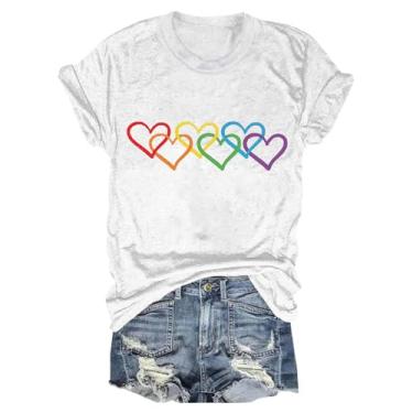 Imagem de Camiseta feminina Pride Gay com estampa de coração arco-íris casual verão igualdade blusa túnica manga curta gola redonda, Branco, 3G