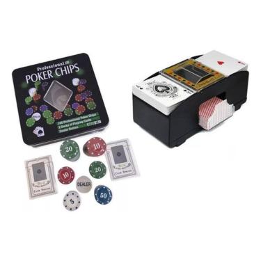 Imagem de Kit Fichas Poker 100 Pçs Dois Baralhos + Embaralhador Cartas