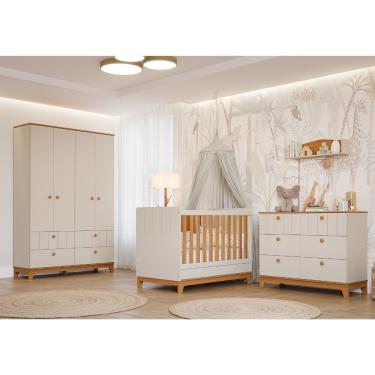 Imagem de Quarto de Bebê Completo Guarda Roupa 4 Portas Cômoda e Berço Liza Permobili - Off White/Nature