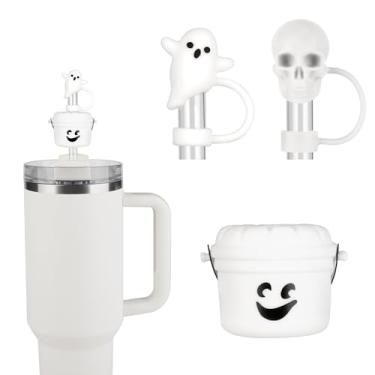 Imagem de Capas de palha engraçadas de baldes de Halloween para Stanley Cup Cute Ghost Skull Toppers de palha compatíveis com topo de palha de 10 mm de 10 mm, tampa de palha de Halloween para copos de queda