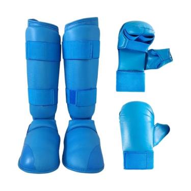 Imagem de YIJU Conjunto de equipamentos de luta de caratê Luvas de soco Proteção para os pés Luvas de boxe Caneleiras com calçados para adultos de luta Sanda, Azul, Xs