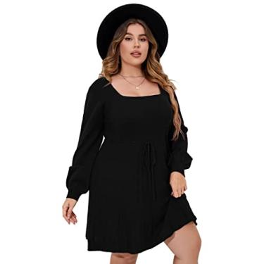 Imagem de Vestido feminino plus size casual gola quadrada manga lanterna longa gravata cintura pulôver pulôver solto, Preto, GG