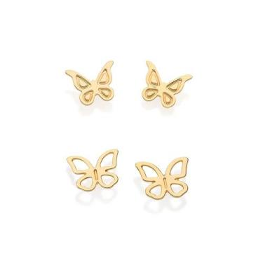 Imagem de Kit 2 brincos rommanel banhado ouro 3x 24k 18k e 22k feminino borbolet