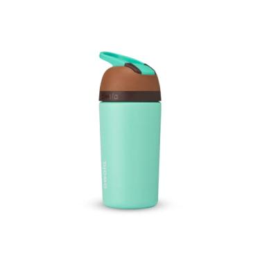 Imagem de Owala Garrafa de água infantil de aço inoxidável com canudo e tampa de bloqueio, 400 ml, marrom/azul-petróleo (gotas de chocolate menta)