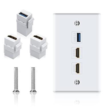 Imagem de Poyiccot Placa de parede HDMI USB 3.0, plugue Keystone de 3 portas com HDMI 4K + USB 3.0 para suporte de cabo, capa de painel de soquete, branca