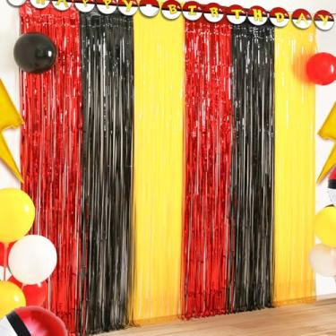 Imagem de Decoração de festa de aniversário de monstro de desenho animado, pacote com 2 adereços de cabine de fotos com tema de animação, cortinas de franja de folha vermelha, preta e amarela, cenário de fundo