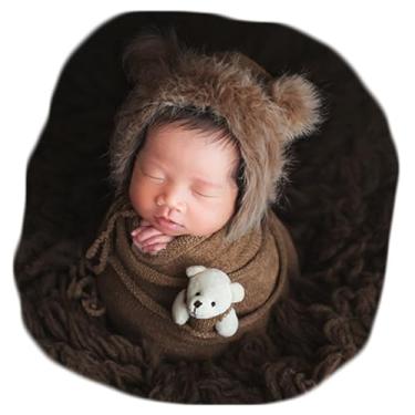 Imagem de Vemonllas Acessórios para fotografia de recém-nascidos, chapéu de ursinho de pelúcia com cobertor elástico para fotos de bebês, Café, M