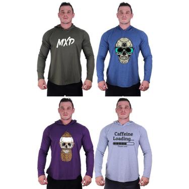 Imagem de Kit 4 Camisetas Manga Longa com Touca Longline Estampada Treino Academia Lazer Casual-Masculino