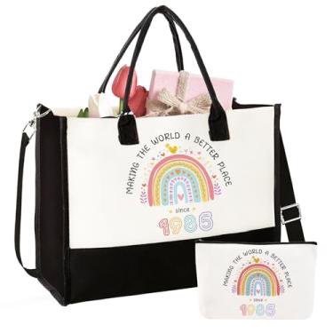 Imagem de 4MELLY Presente de aniversário 2025 para mulheres, sacola de lona, conjunto de presente de aniversário para mãe, esposa, avó, presentes de 40/50/60/70/80 anos, Bolsa de aniversário de 40 anos, Large