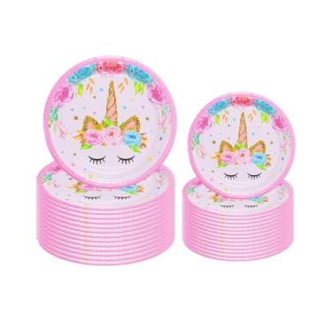 Imagem de RFAPTDM 64 peças de prato de papel de unicórnio de 18 cm e 23 cm, conjunto de talheres descartáveis para chá de bebê, serve 32 convidados