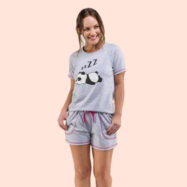 Imagem de Pijama Curto Poliéster Bela Notte 1001583 Listras e Panda, P, Mescla