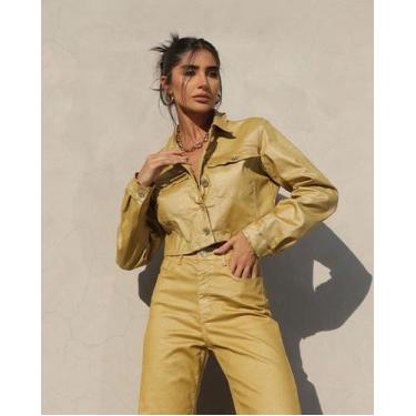 Imagem de Jaqueta Sarja Resinada Cropped Feminina Color 22751 Ouro - Consciência