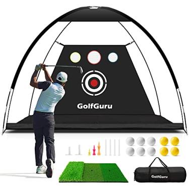 Imagem de golfguru Rede De Golfe, 10X7 Pés, Rede De Prática De Golfe Tudo Em 1 Com Tapete De Golfe Tri-Turf Xl, Alvo De Impacto, 10 Bolas De Golfe, 7 Camisetas De Golfe, 2 Camisetas De Golfe De Borracha, Bolsa