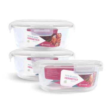 Imagem de Kit 3 Potes de Vidro Redondo com Tampa Hermética 950ml (Branco)
