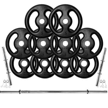 Imagem de Kit Anilhas Ferro Fundido 30 Kg + Barras Com Presilhas