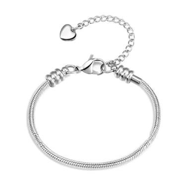 Imagem de OutstandLong Pulseira feminina europeia de aço inoxidável com corrente de cobra de 3 mm para berloques de 15 a 25 cm, 8 inch, Aço inoxidável, banhado a prata, Base
