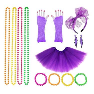 Imagem de Townus Fantasias dos anos 80, fantasias, flashdance, décadas, saia tutu néon, luvas, colar, pulseira, brincos para cosplay de Halloween (Roxo)