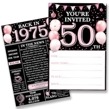 Imagem de QZJ Convites de festa de aniversário de 50 anos para mulheres e homens - Back in 1975 Convites rosa 50 anos conjunto de convites de aniversário para aniversário de aniversário (20 convites e