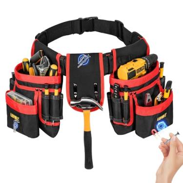 Imagem de Cinto utilitário acolchoado magnético de ferramentas, 27 bolsos, resistente, para homens, bolso removível e ajustável, para eletricista, carpinteiro, construção, avental de trabalho, preto/vermelho