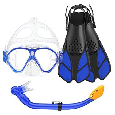Imagem de Seovediary Conjunto de snorkel infantil, equipamento de mergulho com barbatana de máscara para crianças, óculos de natação anti-nevoeiro, 180 pontos panorâmicos, conjunto de snorkel e nadadeiras de