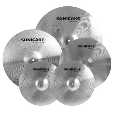 Imagem de SONICAKE Conjunto de pratos de liga metálica, conjunto de pratos de bateria de 35,5 cm + 40,6 cm Crash + 45,7 cm Crash + 50,8 cm Ride 5 peças, prata