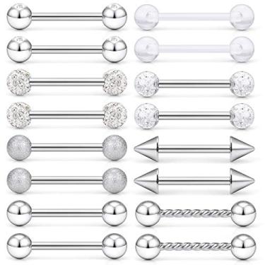 Imagem de SCERRING 8 pares de anéis de mamilo de aço inoxidável 14G transparente CZ língua reta barra retentor corpo piercing joias para mulheres homens 9/40.6 cm, Metal Cristal Acrílico, Zircônia cúbica