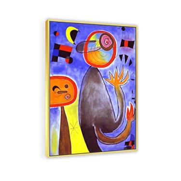 Imagem de JZSDGB Quadro dourado Impressão em tela arte de parede famosa reprodução de pintura - 'Escadas cruzam o céu azul em uma roda de Fireby Joan Miro pôsteres e impressões - imagens de arte de parede em