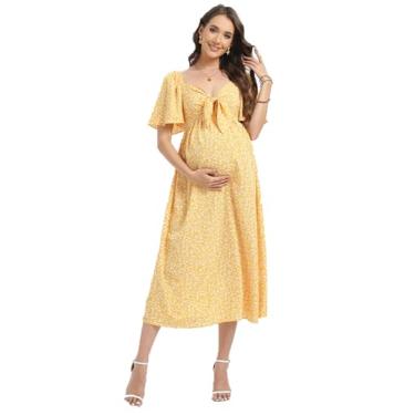 Imagem de FUNJULY Vestidos de maternidade para chá de bebê, feminino, gola V, comprimento até o joelho, vestido de chá de bebê, Amarelo - FC, XGG