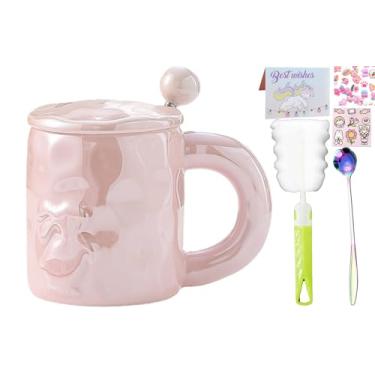 Imagem de seelucky Caneca de café de cerâmica esmaltada pérola com colher para chá com leite latte copo fofo para escritório em casa presente de aniversário feminino (doce rosa, 400 ml)