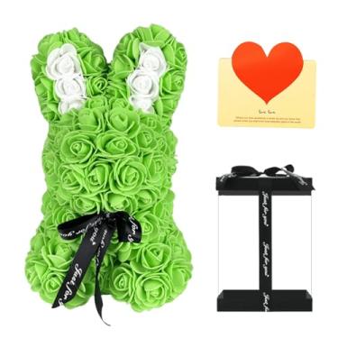Imagem de VIOFLUENT Coelhinho de rosa, coelhinho de flor artificial de 25,4 cm com caixa de presente e cartão comemorativo - Coelhinho de flores artificiais para Páscoa, Dia dos Namorados, Dia das Mães e
