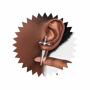 Imagem de Xduargs Brincos de orelha de espada punk CZ brincos de espada de cristal dourado vintage espada punhal espada gótica cruz frente traseira brincos joias para mulheres, Zinco, Sem pedra preciosa